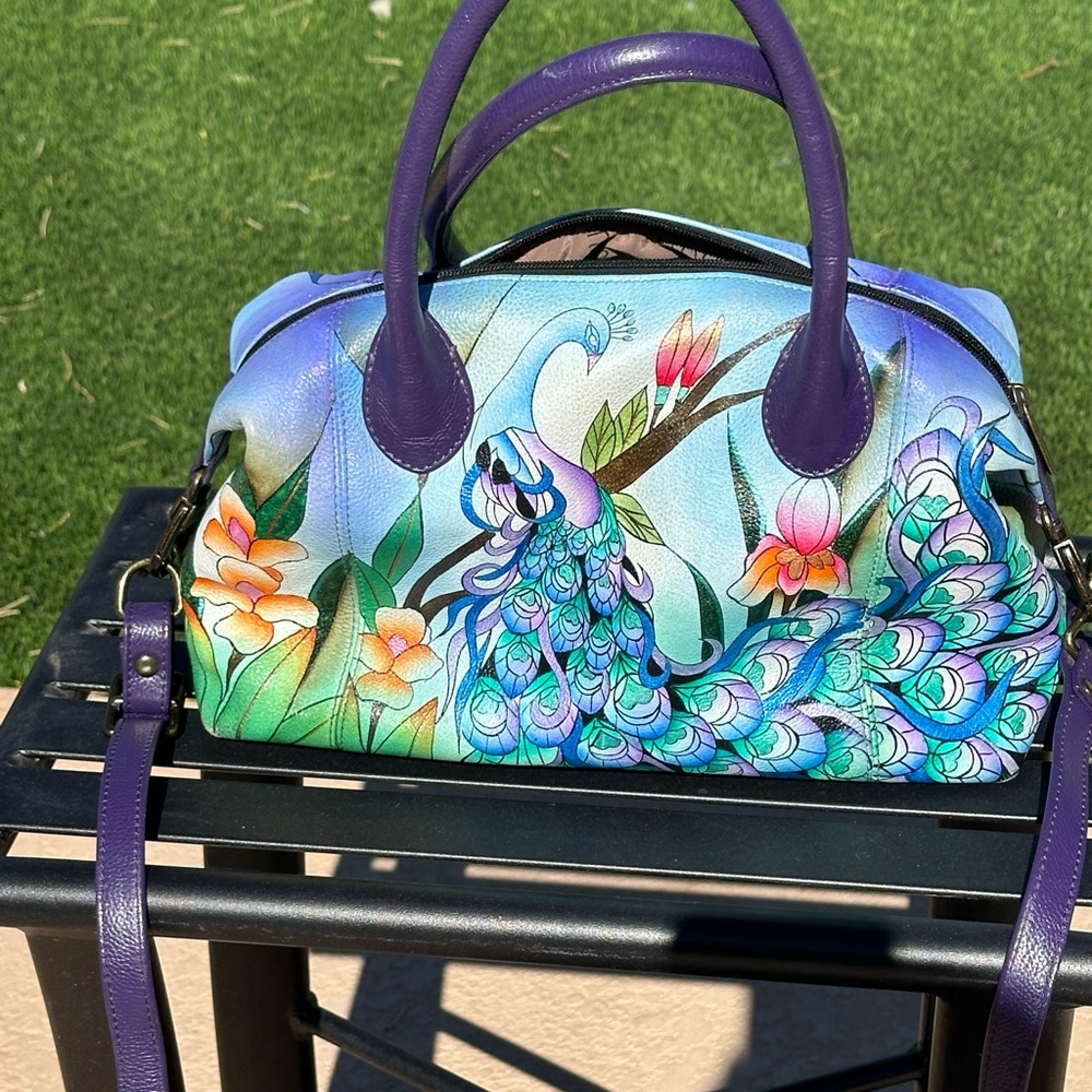 Anna Anuschka Leather purple strap handbag, peacock hand painted design